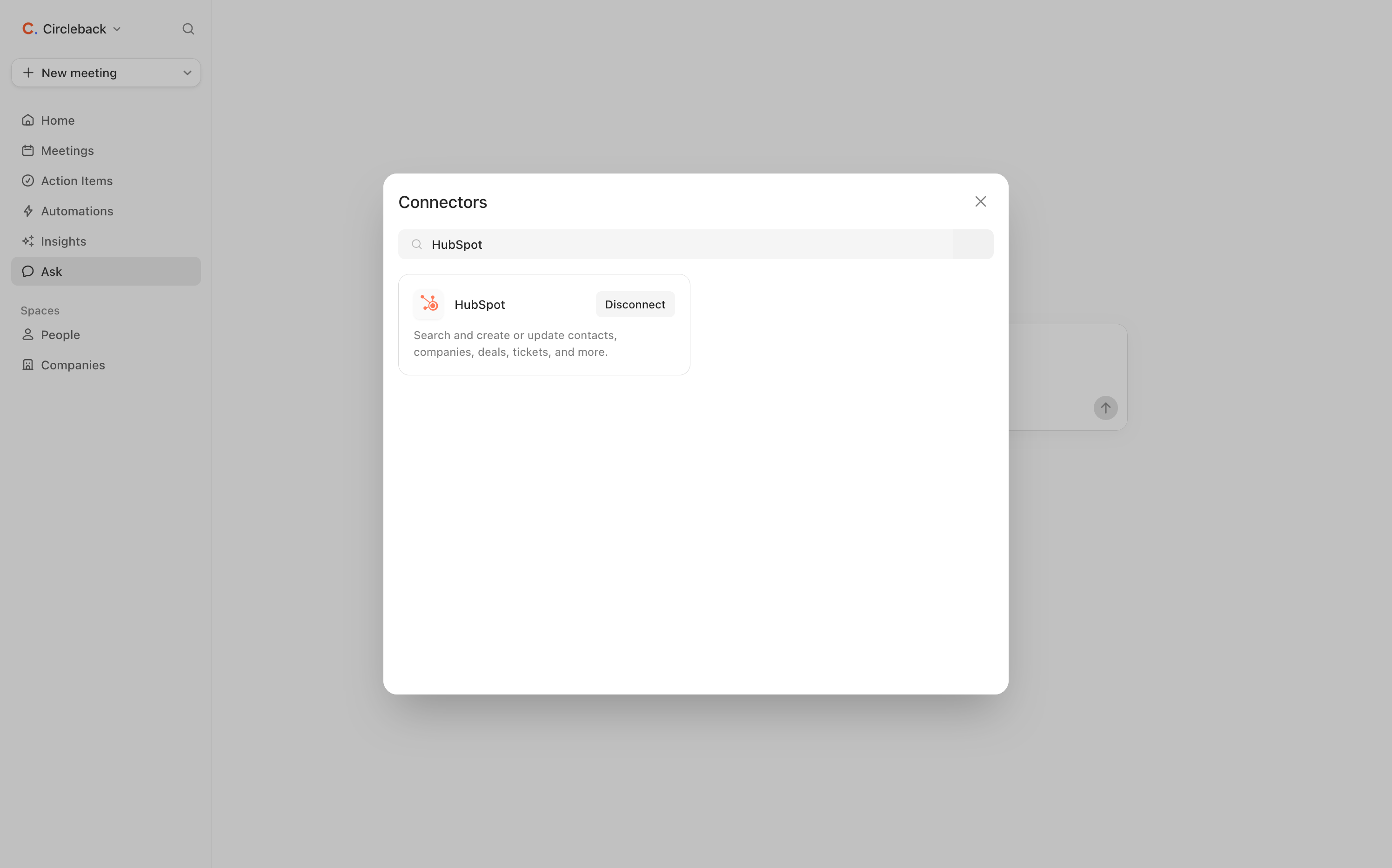 HubSpot is gekoppeld in het menu ‘Connectors’ van Circleback.