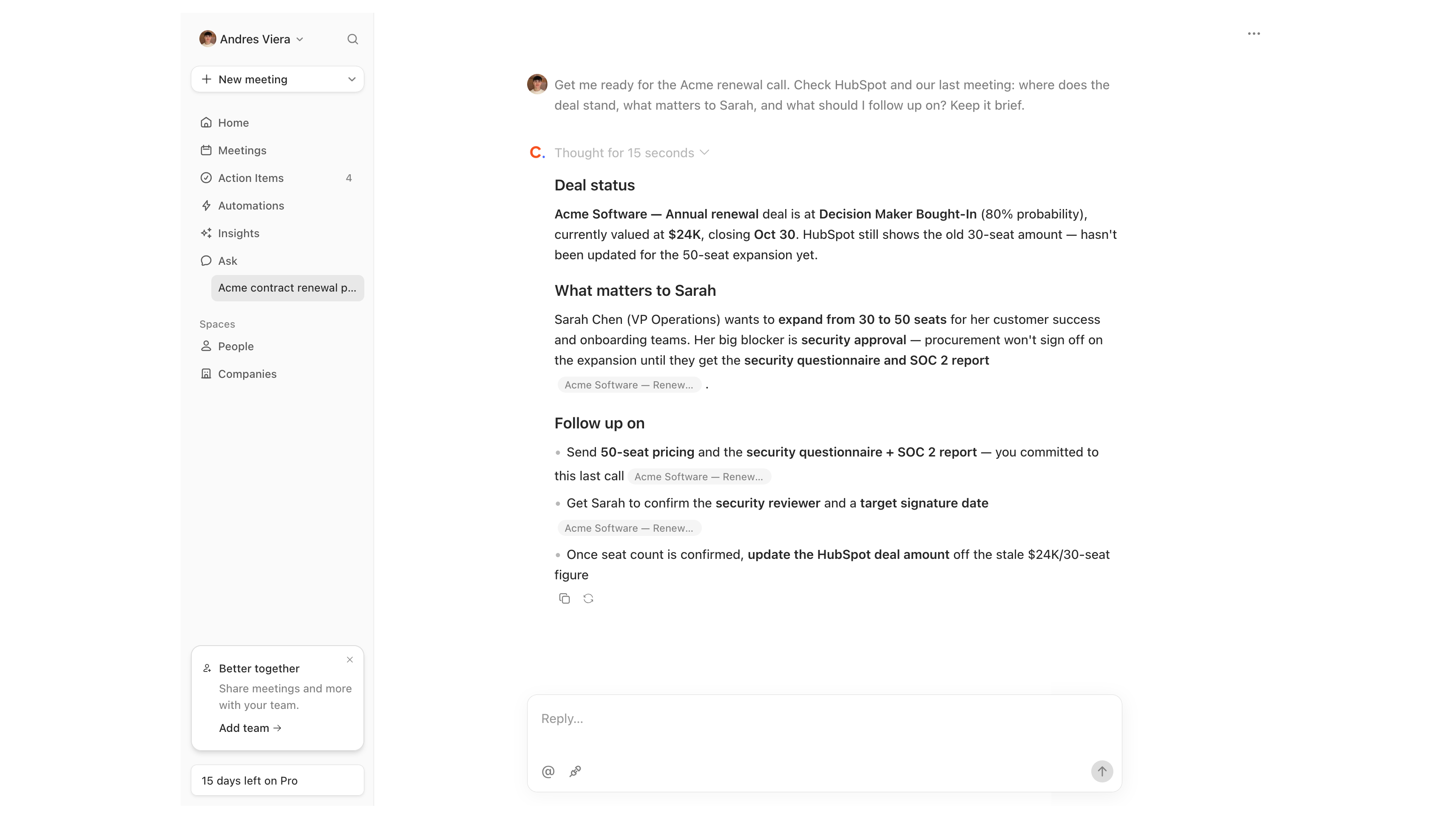 Circleback combineert een demo-deal van HubSpot en notities van vergaderingen tot een overzicht van de verlengingsstatus, de prioriteiten van de klant en vervolgacties.